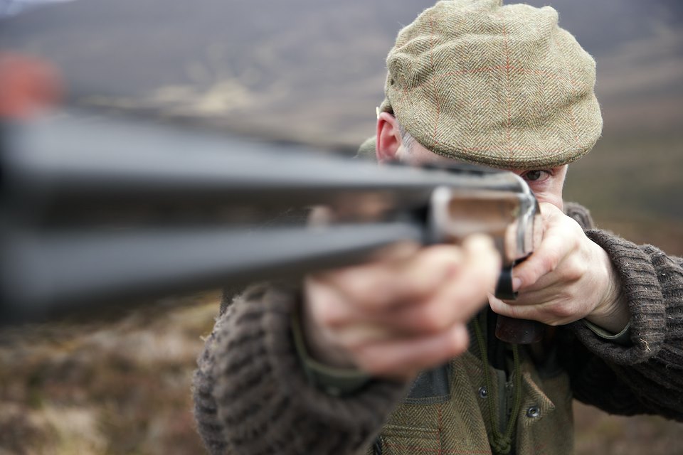 Gamekeeper taking aim with shotgun. Scotland. March 2007.